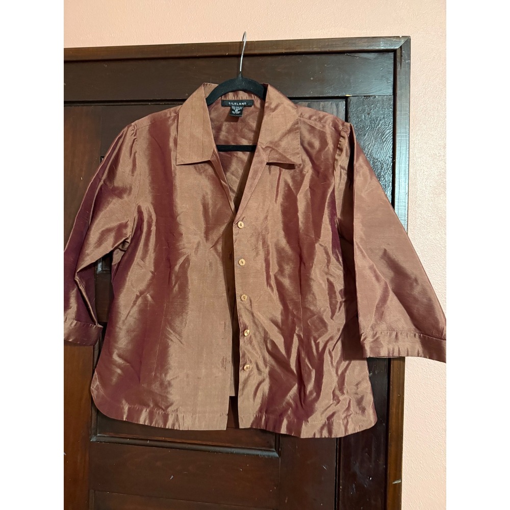 Silkland Womens 100% Pure Silk Button Down Blouse Copper Bronze Size 14